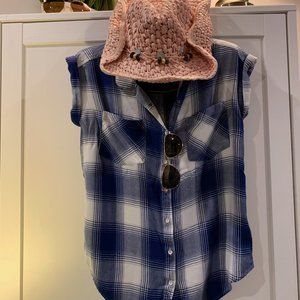 Blue White Plaid Tee Shirt white button Jack's Girlfriend Small